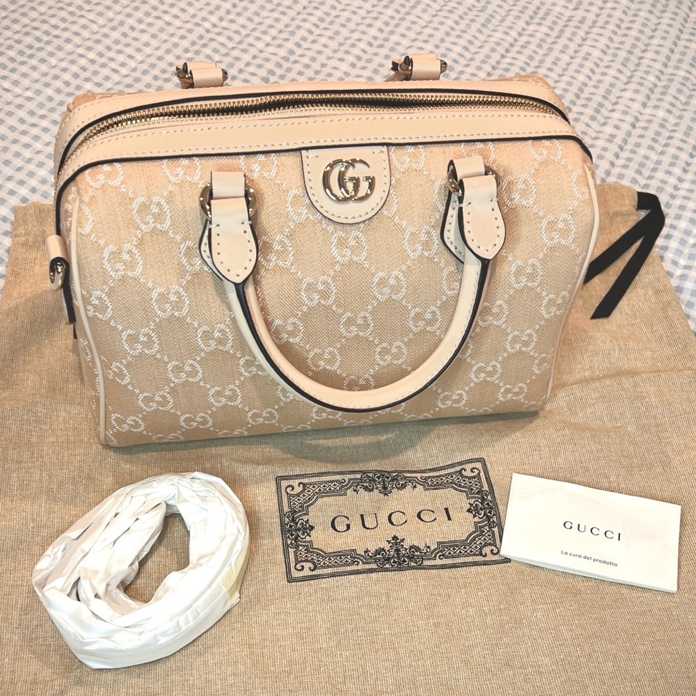NWT GUCCI Denim Soufflé Rose Tan/White Monogram Ophidia Crossbody/Top Handle Bag